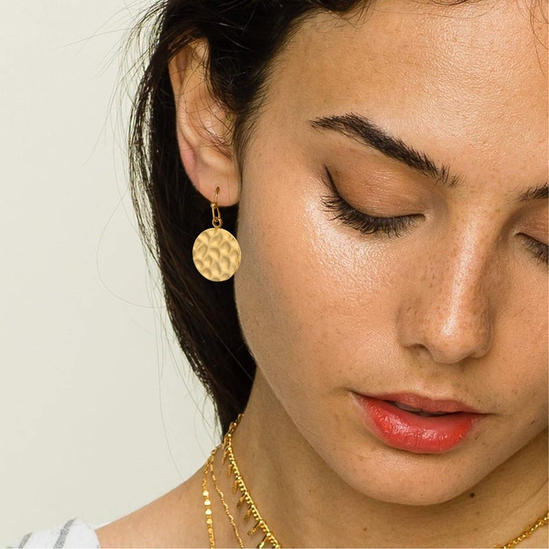 POTESSA 18K Gold Plated Circle Dsic Dangle Earrings Hammered Small Round Coin Hoop Drop Earrings for Women Minimalist Lightweight Statement Earring Jewelry - Image 5
